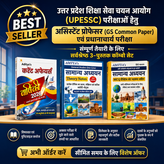 Promotional graphic for Aditya's UPSSC preparation books in Hindi, showing three books on a table: 'Theory Notes', and 'MCQ Questions'. The background is dark blue with a 'Best Seller' badge and feature icons at the bottom.